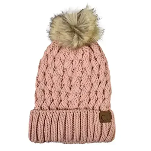 C.C Thick Cable Knit Faux Fuzzy Fur Pom Fleece Lined Skull Cap Cuff Beanie - 1