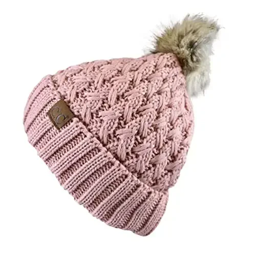 C.C Thick Cable Knit Faux Fuzzy Fur Pom Fleece Lined Skull Cap Cuff Beanie - 3