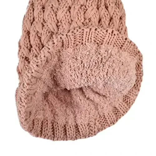 C.C Thick Cable Knit Faux Fuzzy Fur Pom Fleece Lined Skull Cap Cuff Beanie - 4