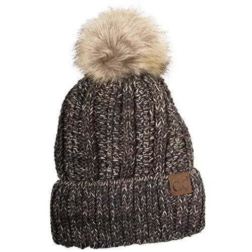 C.C Thick Cable Knit Faux Fuzzy Fur Pom Fleece Lined Skull Cap Cuff Beanie - MODAZONE