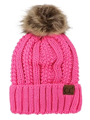 C.C Thick Cable Knit Faux Fuzzy Fur Pom Fleece Lined Skull Cap Cuff Beanie 
