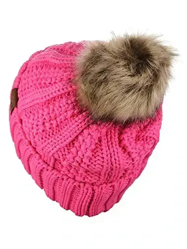 C.C Thick Cable Knit Faux Fuzzy Fur Pom Fleece Lined Skull Cap Cuff Beanie - 4