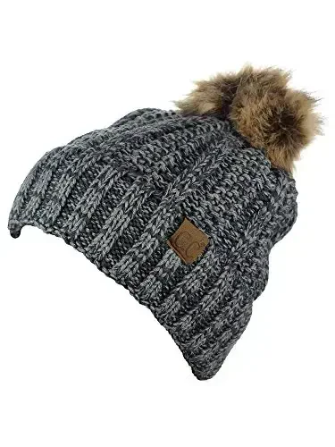 C.C Thick Cable Knit Faux Fuzzy Fur Pom Fleece Lined Skull Cap Cuff Beanie - 3