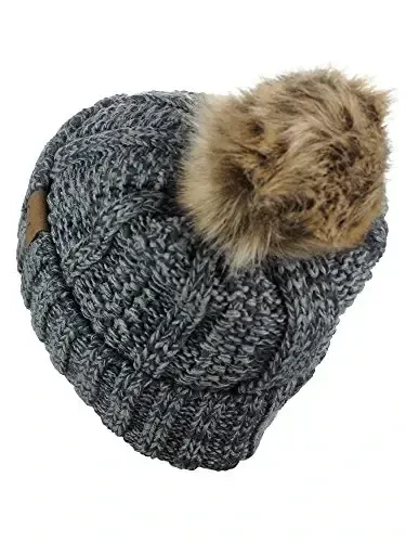 C.C Thick Cable Knit Faux Fuzzy Fur Pom Fleece Lined Skull Cap Cuff Beanie - 4
