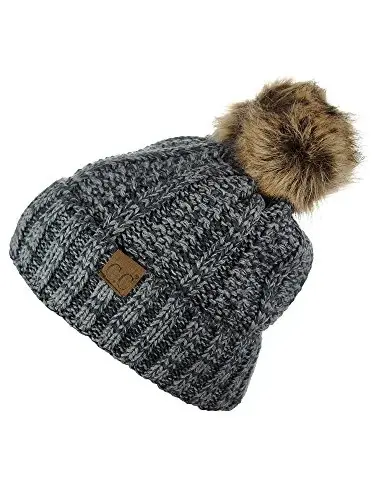 C.C Thick Cable Knit Faux Fuzzy Fur Pom Fleece Lined Skull Cap Cuff Beanie - 2