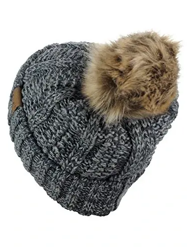 C.C Thick Cable Knit Faux Fuzzy Fur Pom Fleece Lined Skull Cap Cuff Beanie - 4