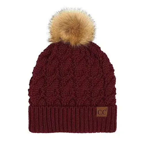 C.C Thick Cable Knit Faux Fuzzy Fur Pom Fleece Lined Skull Cap Cuff Beanie 