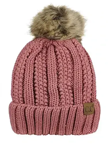 C.C Thick Cable Knit Faux Fuzzy Fur Pom Fleece Lined Skull Cap Cuff Beanie - 1