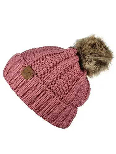 C.C Thick Cable Knit Faux Fuzzy Fur Pom Fleece Lined Skull Cap Cuff Beanie - 2