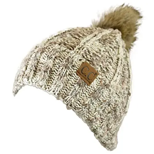 C.C Thick Cable Knit Faux Fuzzy Fur Pom Fleece Lined Skull Cap Cuff Beanie - 2