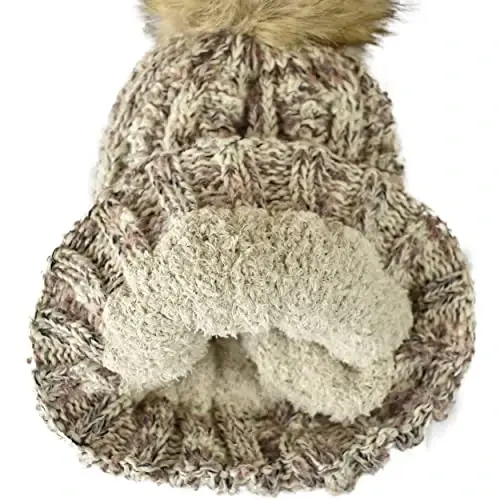 C.C Thick Cable Knit Faux Fuzzy Fur Pom Fleece Lined Skull Cap Cuff Beanie - 4