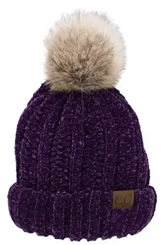 C.C Thick Cable Knit Faux Fuzzy Fur Pom Fleece Lined Skull Cap Cuff Beanie - C.C