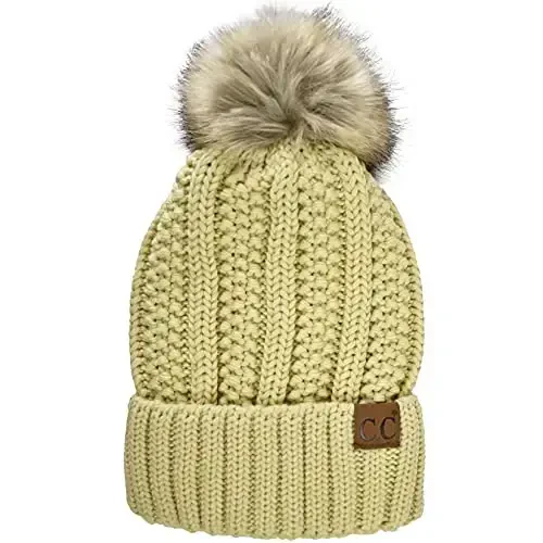 C.C Thick Cable Knit Faux Fuzzy Fur Pom Fleece Lined Skull Cap Cuff Beanie 