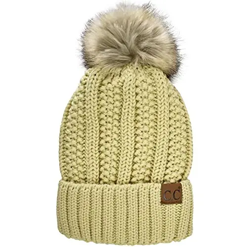 C.C Thick Cable Knit Faux Fuzzy Fur Pom Fleece Lined Skull Cap Cuff Beanie - 1
