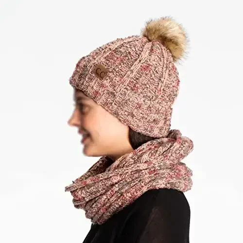 C.C Thick Cable Knit Faux Fuzzy Fur Pom Fleece Lined Skull Cap Cuff Beanie - C.C (1)