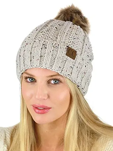C.C Thick Cable Knit Faux Fuzzy Fur Pom Fleece Lined Skull Cap Cuff Beanie - 3