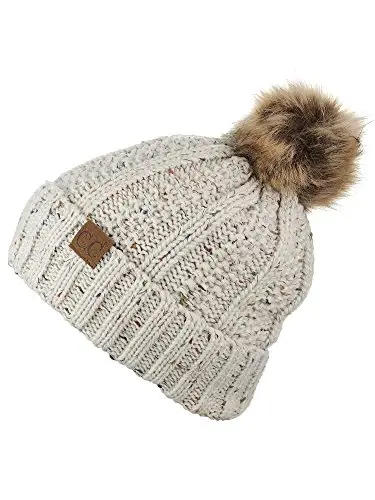 C.C Thick Cable Knit Faux Fuzzy Fur Pom Fleece Lined Skull Cap Cuff Beanie - 4