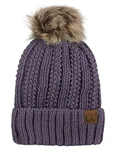C.C Thick Cable Knit Faux Fuzzy Fur Pom Fleece Lined Skull Cap Cuff Beanie 
