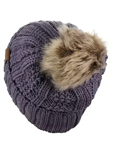 C.C Thick Cable Knit Faux Fuzzy Fur Pom Fleece Lined Skull Cap Cuff Beanie - 4