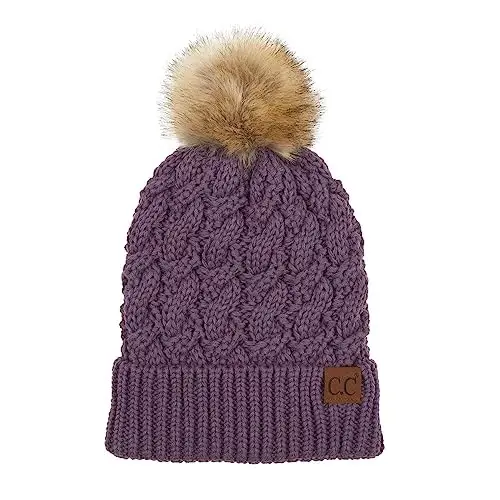 C.C Thick Cable Knit Faux Fuzzy Fur Pom Fleece Lined Skull Cap Cuff Beanie - 1