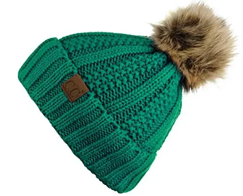 C.C Thick Cable Knit Faux Fuzzy Fur Pom Fleece Lined Skull Cap Cuff Beanie - C.C (1)