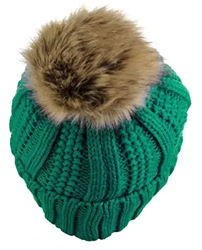 C.C Thick Cable Knit Faux Fuzzy Fur Pom Fleece Lined Skull Cap Cuff Beanie - 4