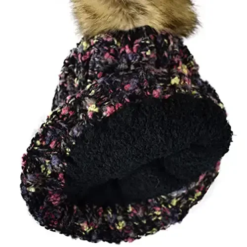 C.C Thick Cable Knit Faux Fuzzy Fur Pom Fleece Lined Skull Cap Cuff Beanie - 4