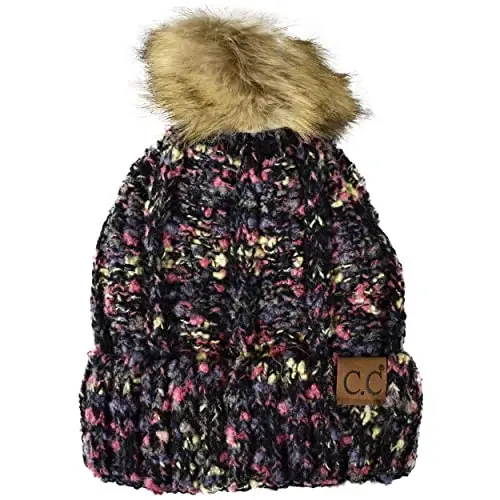 C.C Thick Cable Knit Faux Fuzzy Fur Pom Fleece Lined Skull Cap Cuff Beanie - 1
