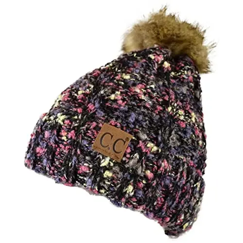C.C Thick Cable Knit Faux Fuzzy Fur Pom Fleece Lined Skull Cap Cuff Beanie - 2