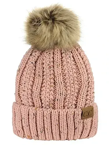 C.C Thick Cable Knit Faux Fuzzy Fur Pom Fleece Lined Skull Cap Cuff Beanie - 1