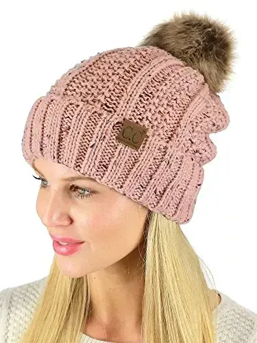 C.C Thick Cable Knit Faux Fuzzy Fur Pom Fleece Lined Skull Cap Cuff Beanie - 2