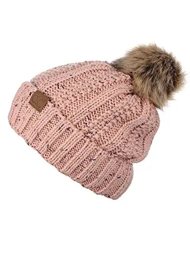 C.C Thick Cable Knit Faux Fuzzy Fur Pom Fleece Lined Skull Cap Cuff Beanie - 4