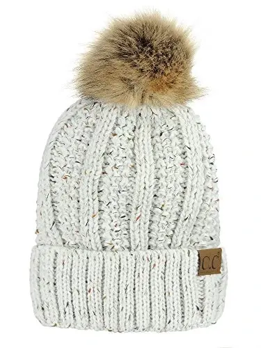 C.C Thick Cable Knit Faux Fuzzy Fur Pom Fleece Lined Skull Cap Cuff Beanie - C.C