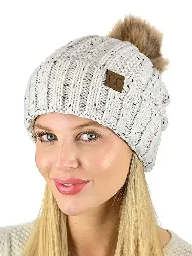 C.C Thick Cable Knit Faux Fuzzy Fur Pom Fleece Lined Skull Cap Cuff Beanie - 3