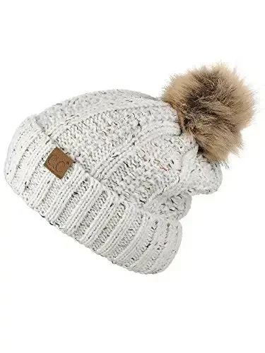 C.C Thick Cable Knit Faux Fuzzy Fur Pom Fleece Lined Skull Cap Cuff Beanie - 4