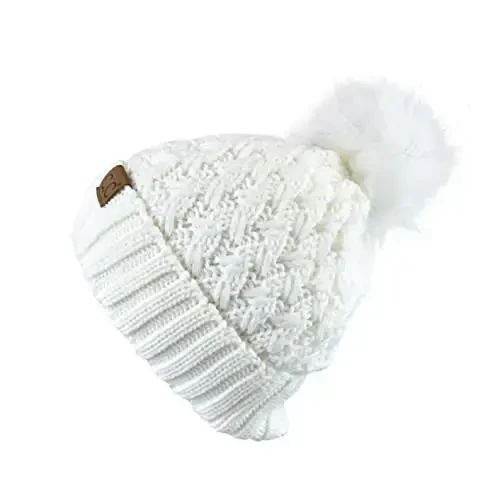 C.C Thick Cable Knit Faux Fuzzy Fur Pom Fleece Lined Skull Cap Cuff Beanie - 3