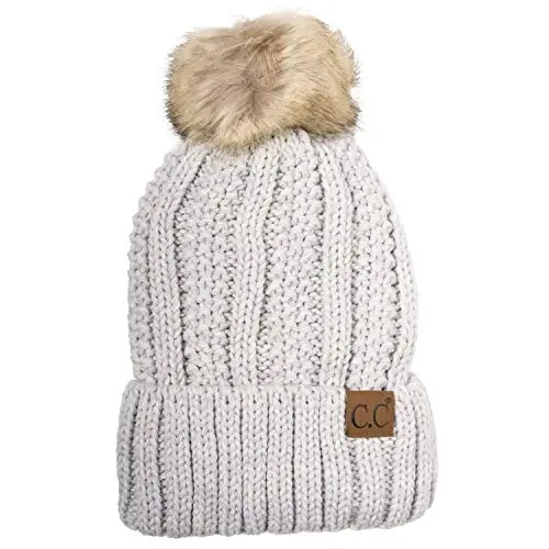 C.C Thick Cable Knit Faux Fuzzy Fur Pom Fleece Lined Skull Cap Cuff Beanie - 1