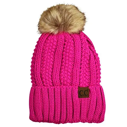 C.C Thick Cable Knit Faux Fuzzy Fur Pom Fleece Lined Skull Cap Cuff Beanie - C.C