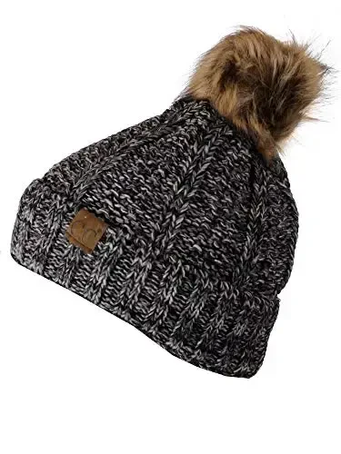 C.C Thick Cable Knit Faux Fuzzy Fur Pom Fleece Lined Skull Cap Cuff Beanie - 3
