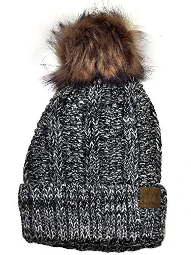 C.C Thick Cable Knit Faux Fuzzy Fur Pom Fleece Lined Skull Cap Cuff Beanie - 1