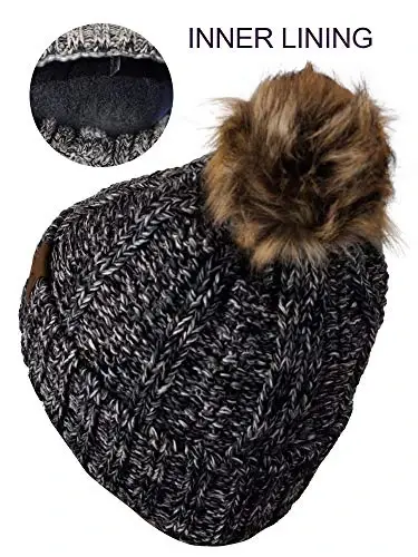 C.C Thick Cable Knit Faux Fuzzy Fur Pom Fleece Lined Skull Cap Cuff Beanie - 4