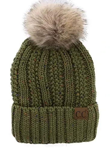 C.C Thick Cable Knit Faux Fuzzy Fur Pom Fleece Lined Skull Cap Cuff Beanie 