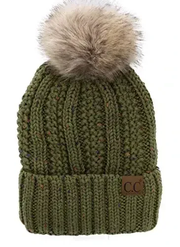 C.C Thick Cable Knit Faux Fuzzy Fur Pom Fleece Lined Skull Cap Cuff Beanie - C.C