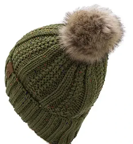 C.C Thick Cable Knit Faux Fuzzy Fur Pom Fleece Lined Skull Cap Cuff Beanie - 3
