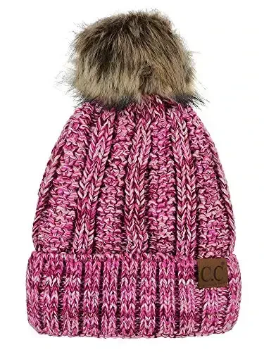 C.C Thick Cable Knit Faux Fuzzy Fur Pom Fleece Lined Skull Cap Cuff Beanie - MODAZONE