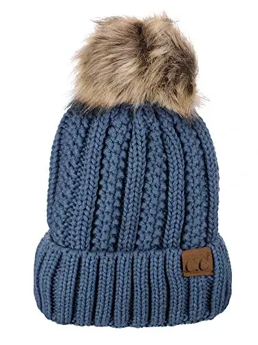 C.C Thick Cable Knit Faux Fuzzy Fur Pom Fleece Lined Skull Cap Cuff Beanie - C.C