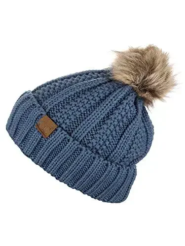 C.C Thick Cable Knit Faux Fuzzy Fur Pom Fleece Lined Skull Cap Cuff Beanie - 2