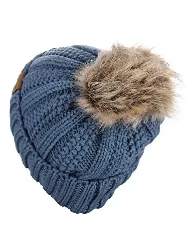 C.C Thick Cable Knit Faux Fuzzy Fur Pom Fleece Lined Skull Cap Cuff Beanie - 4