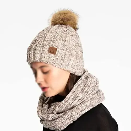 C.C Thick Cable Knit Faux Fuzzy Fur Pom Fleece Lined Skull Cap Cuff Beanie - 2