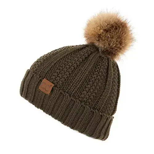 C.C Thick Cable Knit Faux Fuzzy Fur Pom Fleece Lined Skull Cap Cuff Beanie 